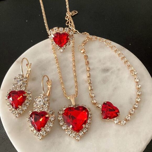 Red heart earrings ring bracelet and necklace set - Picture 1 of 4